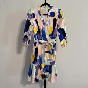 DKNY Multicolor Abstract Print V Neck Belted A-Line Midi Dress Pink Size 6